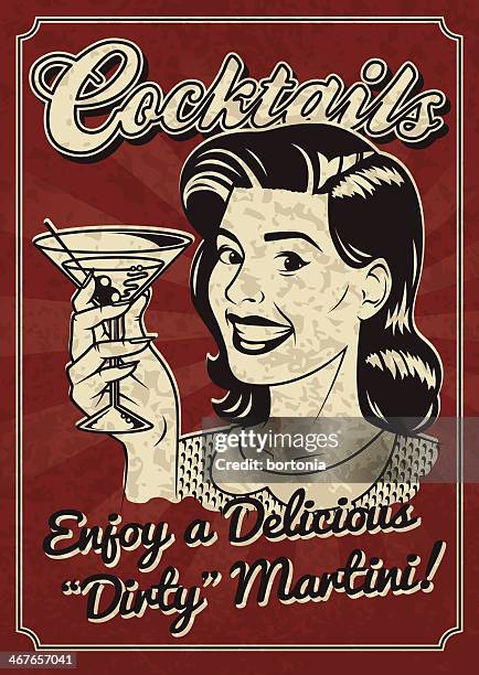 illustrazioni stock, clip art, cartoni animati e icone di tendenza di donna con martini poster vintage - gin