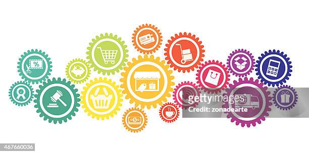 e-commerce icons in cog wheel - virtual auction stock illustrations