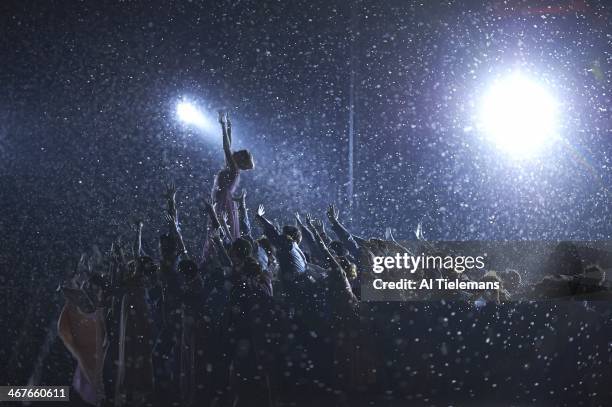 View of Svetlana Zakharova performing as Natasha Rostova's First Imperial Ball scene during opening ceremony at Fisht Olympic Stadium. Adler, Russia...