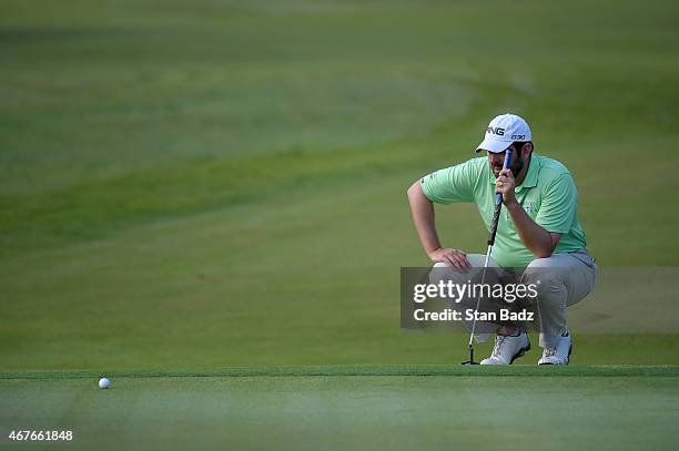 Edward Loar studies his putt on the eighth hole during the first round of the Web.com Tour Chitimacha Louisiana Open presented by NACHER at Le...