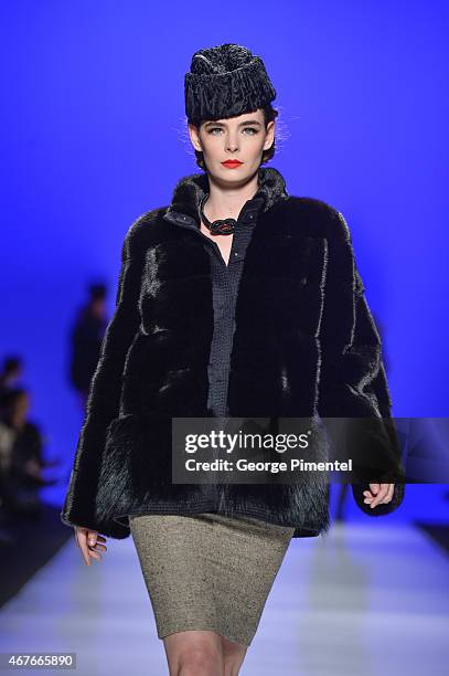 Model walks the runway wearing Farley Chatto fall 2015 collection during World MasterCard Fashion Week Fall 2015 at David Pecaut Square on March 26,...