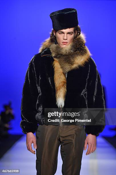 Model walks the runway wearing Farley Chatto fall 2015 collection during World MasterCard Fashion Week Fall 2015 at David Pecaut Square on March 26,...