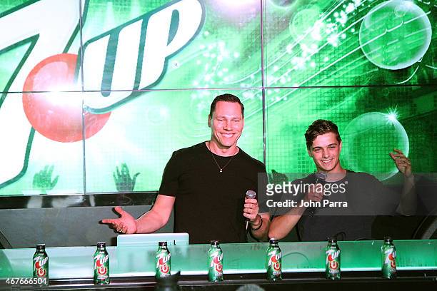 World-renowned DJs Tiesto and Martin Garrix attend this year's kick-off event for 7UP's program in advance of Ultra Music Festival at the Wall Lounge...