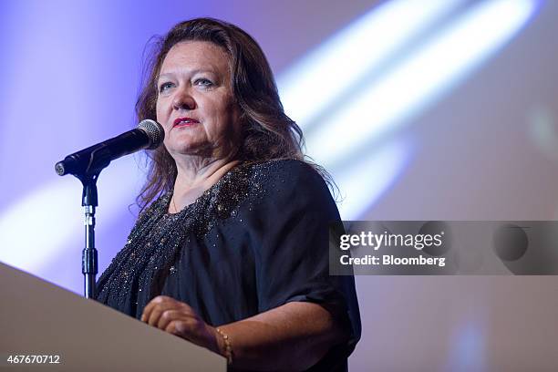 Billionaire Gina Rinehart, chairman of Hancock Prospecting Pty, speaks during the Mines and Money conference in Hong Kong, China, on Thursday, March...