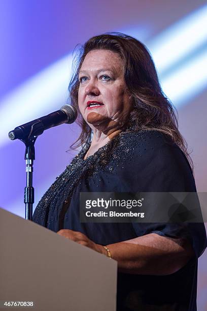 Billionaire Gina Rinehart, chairman of Hancock Prospecting Pty, speaks during the Mines and Money conference in Hong Kong, China, on Thursday, March...