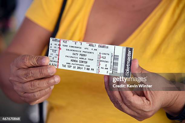 Fan shows a ticket stub during the screening of EPIX's "Katy Perry: The Prismatic World Tour" at The Theatre at Ace Hotel Downtown LA on March 26,...