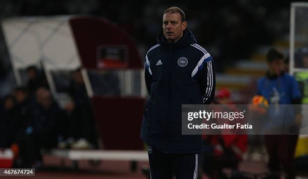 Denmark's coach Jess Thorup in action during the U21 International Friendly between Portugal and Denmark on March 26, 2015 in Marinha Grande,...