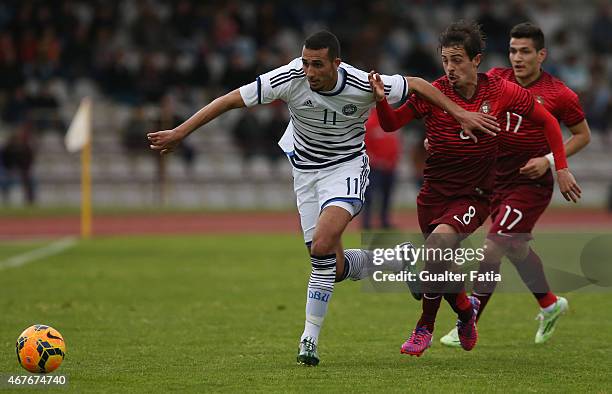 Denmark's forward Youssef Toutouh with Portugal's midfielder Bernardo Silva during the U21 International Friendly between Portugal and Denmark on...