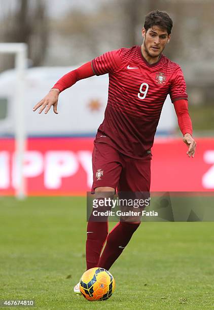 Portugal's forward Goncalo Paciencia in action during the U21 International Friendly between Portugal and Denmark on March 26, 2015 in Marinha...
