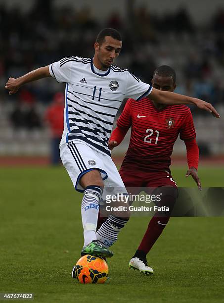 Denmark's forward Youssef Toutouh with Portugal's defender Ricardo Pereira during the U21 International Friendly between Portugal and Denmark on...