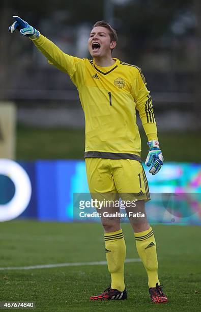 Denmark's goalkeeper Jakob Busk Jensen in action during the U21 International Friendly between Portugal and Denmark on March 26, 2015 in Marinha...