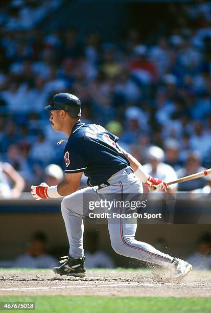 Carlos Baerga of the Cleveland Indians bats against the New York Yankees during an Major League Baseball game circa 1995 at Yankee Stadium in the...