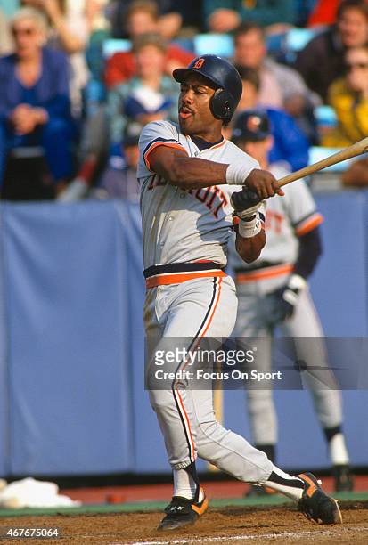Chet Lemon of the Detroit Tigers bats during an Major League Baseball game circa 1983. Lemon played for the Tigers from 1982-90.