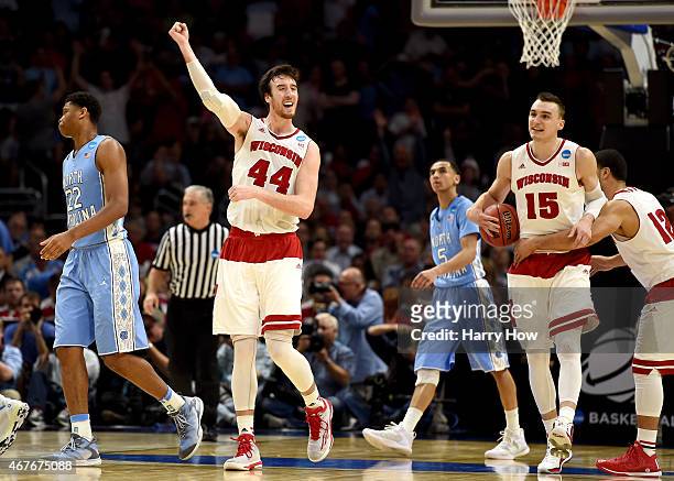 Frank Kaminsky of the Wisconsin Badgers celebrates after the Badgers 79-72 victory against the North Carolina Tar Heels during the West Regional...