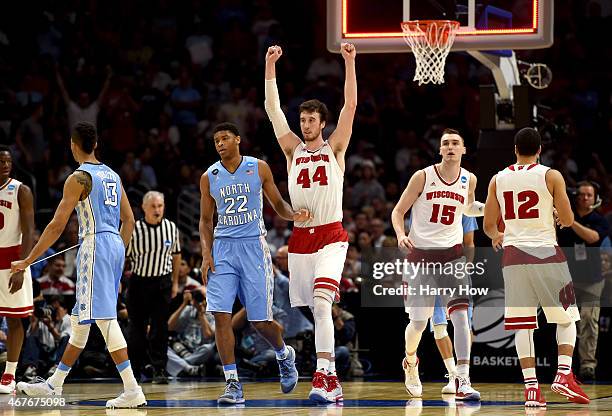 Frank Kaminsky of the Wisconsin Badgers celebrates after the Badgers 79-72 victory against the North Carolina Tar Heels during the West Regional...