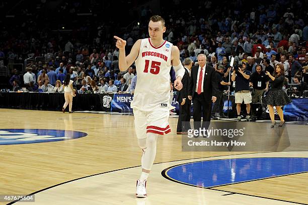 Sam Dekker of the Wisconsin Badgers celebrates after the Badgers 79-72 victory against the North Carolina Tar Heels during the West Regional...