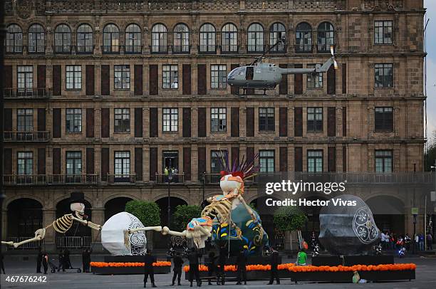 Aspects of helicopter scene during the filming of the latest James Bond movie 'Spectre' at downtown streets of Mexico City on March 26, 2015 in...