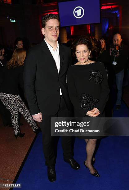 Hannelore Elsner and Dominik Elsner attend the Blue Hour Reception party at the Communication Museum on February 7, 2014 in Berlin, Germany.