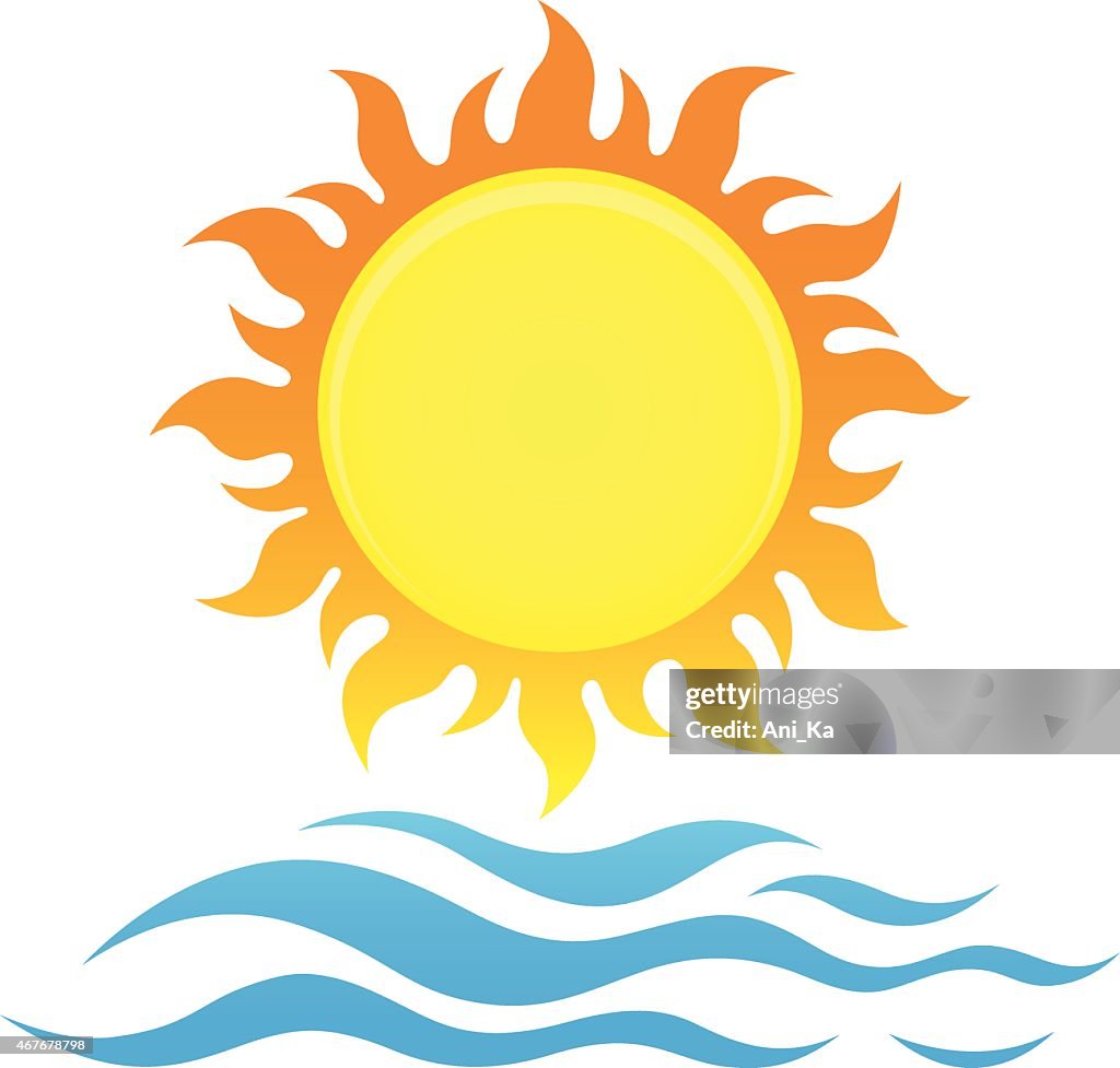 A drawing of a bright yellow sun and waves