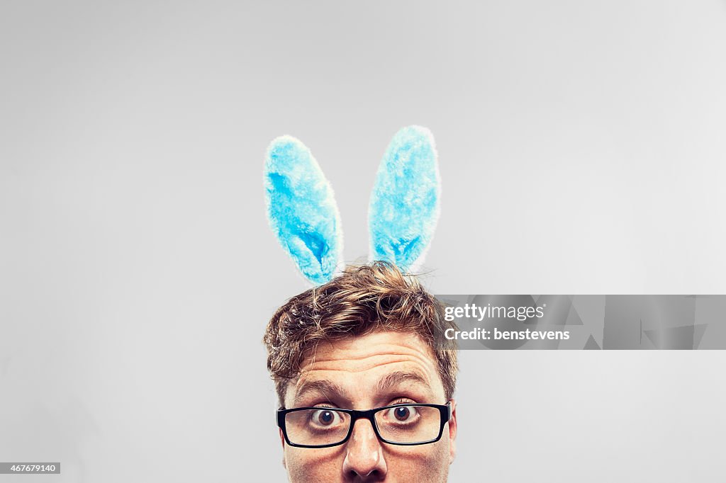 Easter Nerd with ears on looking at camera