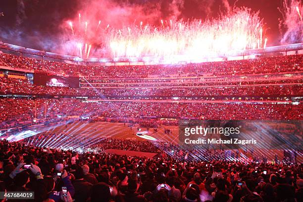 Fireworks shoot up in the air as Bruno Mars finishes his halftime show during Super Bowl XLVIII at MetLife Stadium on February 2, 2014 in East...