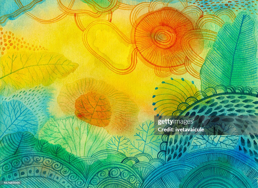 Watercolour jadear de abstract paisaje con diferentes plantas y árboles