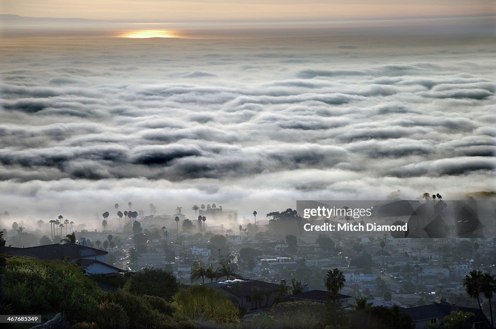 San Clemente homes on hills with fog
