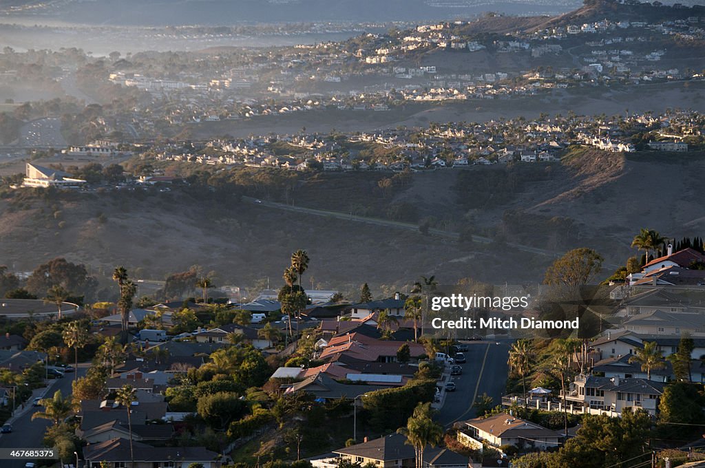 San Clemente homes on hills with fog