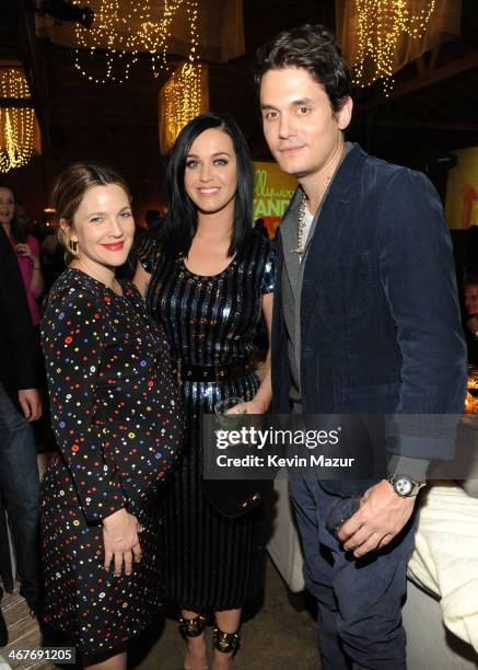 Actress Drew Barrymore and recording artists Katy Perry and John Mayer attend Hollywood Stands Up To Cancer Event with contributors American Cancer...