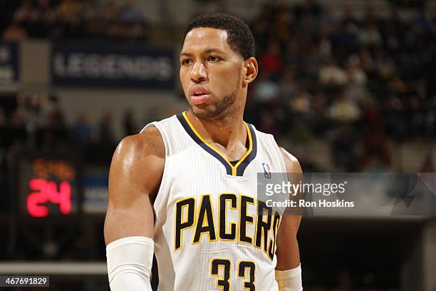 Danny Granger of the Indiana Pacers looks on during the game against the Portland Trail Blazers at Bankers Life Fieldhouse on February 7, 2014 in...