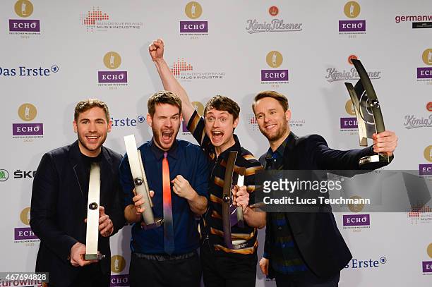 Revolverheld poses with his prize at the Echo Award 2015 winners board on March 26, 2015 in Berlin, Germany.