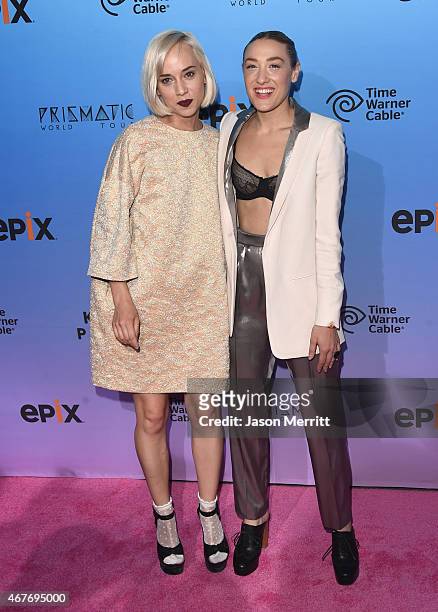 Musician Caitlin Moe and DJ Mia Moretti attend the screening of EPIX's "Katy Perry: The Prismatic World Tour" at The Theatre at Ace Hotel Downtown LA...