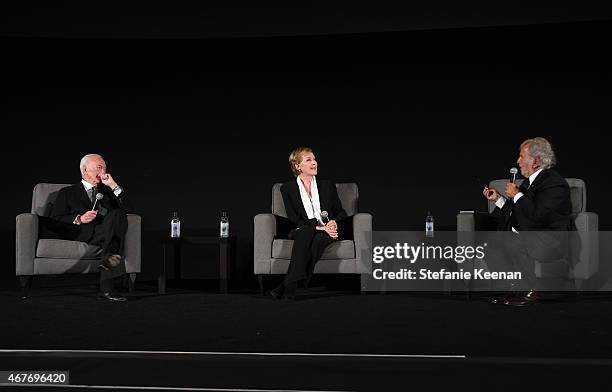 Actors Christopher Plummer, Julie Andrews and First Vice President of the Academy of Motion Pictures Arts and Sciences Sid Ganis speak onstage at the...