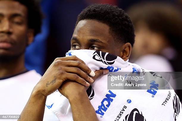 Juwan Staten of the West Virginia Mountaineers looks on from the bench late in the game against the Kentucky Wildcats during the Midwest Regional...