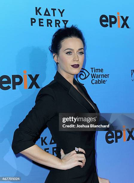 Singer-songwriter Katy Perry attends EPIX and Time Warner Cable World Premier Screening Of "Katy Perry: The Prismatic World Tour" at The Theater at...