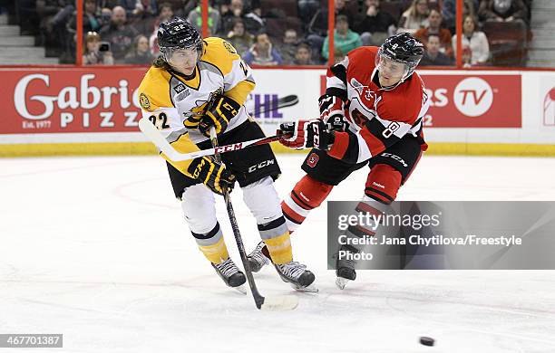 Ryan Van Stralen of the Ottawa 67's battles for the puck against Jeff King of the Sarnia Sting during an OHL game at Canadian Tire Centre on February...