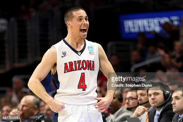 McConnell of the Arizona Wildcats reacts after forcing a turnover by the Xavier Musketeers during the West Regional Semifinal of the 2015 NCAA Men's...