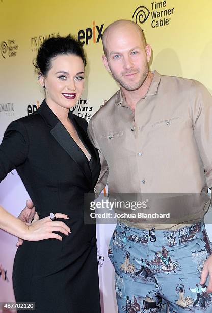 Singer-songwriter Katy Perry and Johnny Wujek attend EPIX and Time Warner Cable World Premier Screening Of "Katy Perry: The Prismatic World Tour" at...