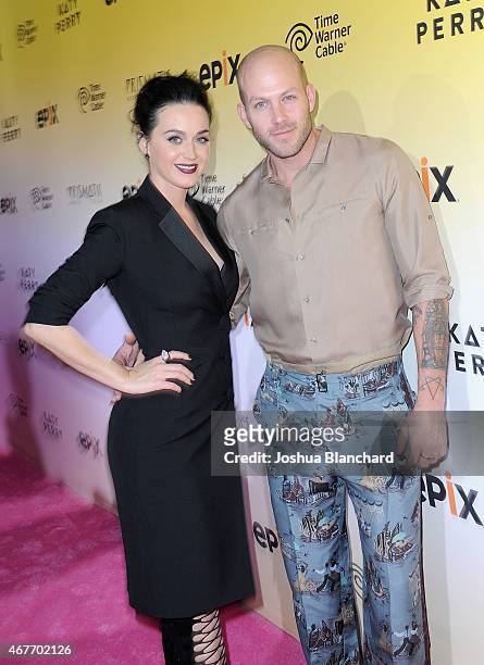 Singer-songwriter Katy Perry and Johnny Wujek attend EPIX and Time Warner Cable World Premier Screening Of "Katy Perry: The Prismatic World Tour" at...
