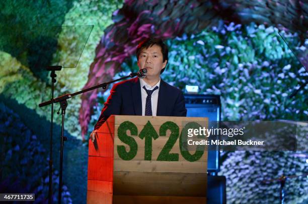 Actor Ken Jeong speaks onstage during Hollywood Stands Up To Cancer Event with contributors American Cancer Society and Bristol Myers Squibb hosted...