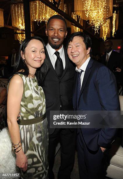 Tran Jeong, singer Jamie Foxx and actor Ken Jeong attend Hollywood Stands Up To Cancer Event with contributors American Cancer Society and Bristol...