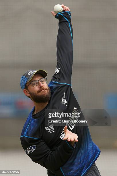 Daniel Vettori of New Zealand bowls during a New Zealand nets session at Melbourne Cricket Ground on March 27, 2015 in Melbourne, Australia.