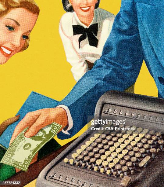 people with adding machine and money - store assistant stock illustrations