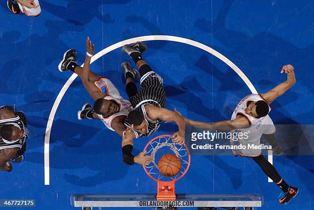 Tobias Harris of the Orlando Magic dunks the ball for the game winner, against the Oklahoma City Thunder during the game on February 7, 2014 at Amway...