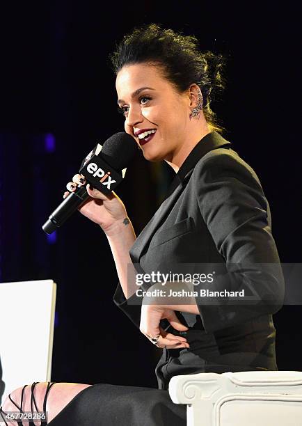 Singer-songwriter Katy Perry speaks onstage during EPIX and Time Warner Cable World Premier Screening Of "Katy Perry: The Prismatic World Tour" at...