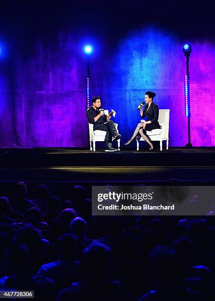 Personality Mario Lopez and singer-songwriter Katy Perry speak onstage during EPIX and Time Warner Cable World Premier Screening Of "Katy Perry: The...