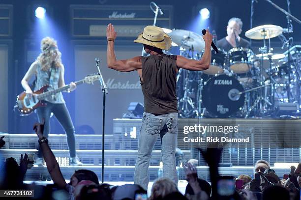 Kenny Chesney performs onstage during Kenny Chesney's The Big Revival 2015 Tour kick-off for a 55 show run through August. The high-energy opening...