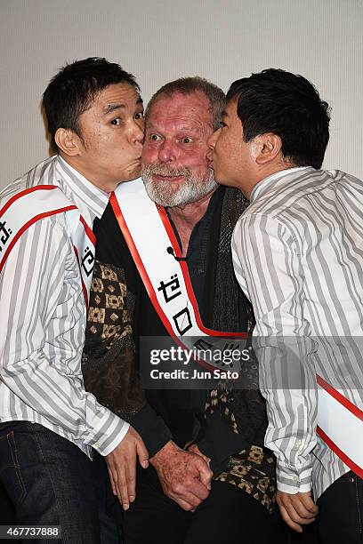 Director Terry Gilliam , Yuji Tanaka and Hikari Ota of comedy duo Bakusho Mondai attend the stage greeting event for "Zero Theorem" at Yebisu Garden...