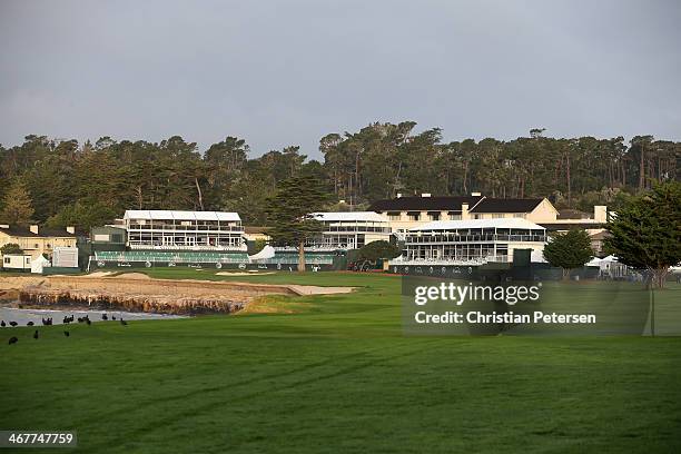 General view of the 18th hole during the second round of the AT&T Pebble Beach National Pro-Am at the Pebble Beach Golf Links on February 7, 2014 in...