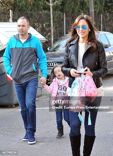 Barcelona football player Andres Iniesta, his wife Anna Ortiz and their daughter Valeria Ortiz are seen on March 09, 2015 in Barcelona, Spain.